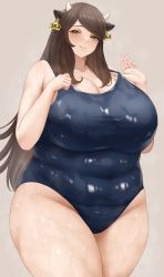 Rule 34 | 1girl, animal ears, belly, blush, breasts, brown hair, cleavage, closed mouth, clothes pull, collarbone, covered navel, cow ears, cow girl, cow horns, cowboy shot, ear tag, fat, grey background, half-closed eyes, head tilt, highres, horns, huge breasts, long hair, looking at viewer, mil k vanilla, mole, mole under mouth, one-piece swimsuit, one-piece swimsuit pull, original, school swimsuit, sidelocks, simple background, smile, solo, swimsuit, tareme, thick thighs, thighs, very long hair, wet, yellow eyes