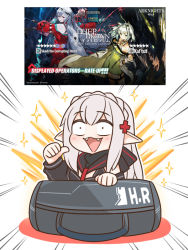 Rule 34 | 1girl, :d, arknights, bag, black dress, blush, braid, character name, commentary, copyright name, crown braid, dress, duffel bag, emphasis lines, english commentary, fangs, grey hair, guin guin, hair ornament, hand up, kal&#039;tsit (arknights), kono dio da (meme), long hair, looking at viewer, meme, official alternate costume, open mouth, pointing, pointing at self, pointy ears, skadi (arknights), skadi the corrupting heart (arknights), smile, solo, sparkle, star (symbol), very long hair, warfarin (arknights), white background