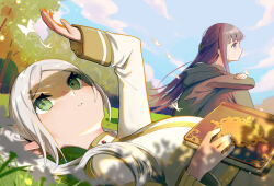 Rule 34 | 2girls, black coat, blue sky, book, bug, butterfly, butterfly hair ornament, capelet, closed mouth, cloud, cloudy sky, coat, commentary request, day, earrings, elf, fern (sousou no frieren), frieren, gem, gold trim, green eyes, hair ornament, hand up, high collar, hood, hood down, hooded coat, insect, jewelry, klaeia, long hair, lying, multiple girls, on back, on grass, outdoors, parted bangs, parted lips, pointy ears, profile, purple eyes, purple hair, red gemstone, shade, sidelocks, sitting, sky, sousou no frieren, straight hair, twintails, white capelet, white hair