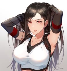 Rule 34 | 1girl, adjusting hair, armpits, arms up, black gloves, black hair, black sports bra, blush, breasts, collarbone, commentary, ear piercing, elbow gloves, final fantasy, final fantasy vii, final fantasy vii remake, gloves, hand in own hair, hinoe (dd works), large breasts, lips, long hair, looking at viewer, open mouth, parted lips, piercing, pink lips, red eyes, sidelocks, signature, simple background, sleeveless, solo, sports bra, square enix, suspenders, suspenders gap, swept bangs, tank top, tifa lockhart, tongue, upper body, white tank top