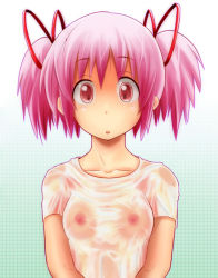 Rule 34 | 10s, 1girl, :3, :o, ao usagi, breasts, kaname madoka, kyubey, living clothes, mahou shoujo madoka magica, mahou shoujo madoka magica (anime), nipples, no bra, objectification, pink eyes, pink hair, see-through, shirt, short hair, small breasts, solo, taut clothes, taut shirt, twintails, upper body, wet, wet clothes, wet shirt, when you see it