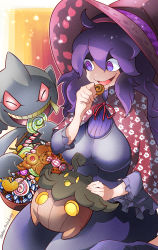 Rule 34 | 1girl, :d, @ @, ahoge, alternate breast size, banette, breasts, candy, cape, commentary request, creatures (company), dress, food, frills, game freak, gen 3 pokemon, gen 6 pokemon, hair between eyes, hairband, hand up, hat, hex maniac (pokemon), highres, holding, kai suzuki99, large breasts, lollipop, long hair, looking down, messy hair, nintendo, on lap, open mouth, pokemon, pokemon (creature), pokemon on lap, pokemon xy, pumpkaboo, purple eyes, purple hair, red ribbon, ribbon, smile, tongue, witch hat