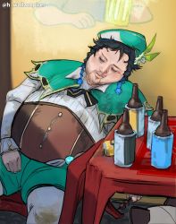 Rule 34 | 1boy, artist name, bard, beer bottle, beer can, beret, black hair, blue hair, braid, can, cape, chair, collared cape, commentary request, corset, cosplay, dirty, dirty clothes, drink can, facial hair, fat, fat man, flower, food, genshin impact, gradient hair, green cape, green hat, green shorts, hair ornament, hat, hat flower, highres, holding, holding food, holding skewer, leaning to the side, long hair, long sleeves, multicolored hair, outdoors, photo-referenced, saliva, shadow, short hair with long locks, shorts, sitting, skewer, sleeping, solo, spanish commentary, table, twin braids, twitter username, venti (genshin impact), venti (genshin impact) (cosplay), vision (genshin impact), wallace pires, white flower