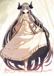 Rule 34 | absurdly long hair, closed mouth, demon horns, dress, full body, grey hair, horns, long hair, long sleeves, looking at viewer, original, pointy ears, red eyes, sketch, skirt hold, solo, standing, very long hair, white dress, wide sleeves, yuuji (yukimimi)