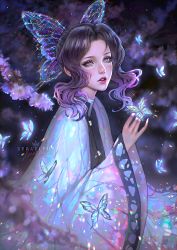 Rule 34 | 1girl, artist name, bug, butterfly, commentary request, commission, highres, insect, kimetsu no yaiba, kochou shinobu, lipstick, looking at viewer, makeup, parted bangs, parted lips, purple eyes, purple hair, purple lips, serafleur, signature, solo, teeth, upper teeth only