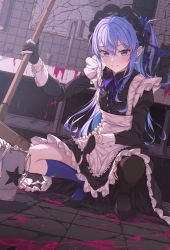 Rule 34 | 1girl, absurdres, apron, blue eyes, blue hair, blush, crack, cracked floor, cracked wall, hair ornament, highres, holding, hololive, hoshimachi suisei, long hair, looking at viewer, maid, maid apron, maid headdress, ribbon, skirt, smile, solo, tagme, virtual youtuber, yozora (1wkdgusdn)