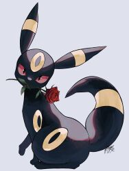 Rule 34 | black fur, colored sclera, creatures (company), flower, flower in mouth, from side, full body, game freak, gen 2 pokemon, grey background, head tilt, highres, kuchiba (jret2454), looking at viewer, mouth hold, nintendo, no humans, pokemon, pokemon (creature), red flower, red rose, red sclera, rose, signature, simple background, umbreon