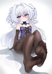 Rule 34 | 1girl, blue eyes, blush, feet, highres, long hair, looking at viewer, pantyhose, silver hair, soles, toes, twintails