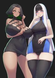Rule 34 | 2girls, bare shoulders, black background, black dress, black hair, black legwear, black panties, blue dress, blue eyes, blunt bangs, blush, breasts, carbon12th, closed mouth, covered navel, dark-skinned female, dark skin, dress, game console, green eyes, green hair, highres, huge breasts, licking lips, long hair, looking at viewer, medium breasts, microsoft, multicolored clothes, multicolored dress, multiple girls, original, panties, parted lips, playstation 5, product girl, short hair, simple background, smile, sony, symbol-shaped pupils, thighhighs, thighs, tongue, tongue out, underwear, upskirt, white hair, x x, xbox series x