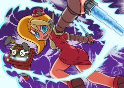 Rule 34 | 1girl, ass, bare legs, baton, blonde hair, blue eyes, breasts, call (mighty no. 9), call e, dress, dual wielding, electricity, garrison cap, hat, headset, holding, long hair, md5 mismatch, medium breasts, mighty no. 9, multicolored hair, robot, roger i.s., sharp teeth, short dress, side ponytail, solo focus, teeth, two-tone hair, weapon, x x