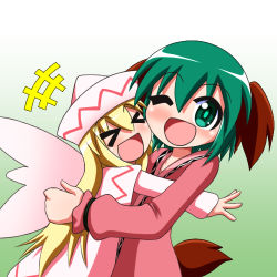 Rule 34 | &gt; &lt;, +++, 2girls, :d, ;d, animal ears, blonde hair, blush, capelet, cheek-to-cheek, dress, fairy wings, gradient background, green background, green hair, hat, heads together, hug, kasodani kyouko, lily white, long hair, long sleeves, looking at viewer, lowres, multiple girls, one eye closed, open mouth, outstretched arms, pink shirt, rakugaki-biyori, shirt, short hair, smile, tail, touhou, upper body, very long hair, white background, white capelet, white dress, white headwear, wings