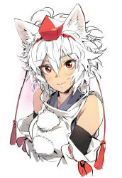 Rule 34 | 1girl, ahoge, animal ear fluff, animal ears, bare shoulders, blush, breasts, commentary request, cropped torso, detached sleeves, hair between eyes, hat, inubashiri momiji, long sleeves, looking at viewer, matsuda (matsukichi), medium breasts, pom pom (clothes), red eyes, shirt, short hair, silver hair, simple background, sketch, smile, solo, tassel, tokin hat, touhou, upper body, white background, white shirt, wide sleeves, wolf ears