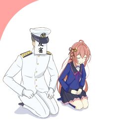Rule 34 | 1girl, 1other, absurdres, admiral (kancolle), ahoge, apologizing, black sailor collar, black skirt, blue shirt, closed eyes, commentary request, covered face, crescent, crescent hair ornament, epaulettes, hair ornament, hands on lap, highres, jacket, kantai collection, leaning forward, long hair, military uniform, natsu chiki, naval uniform, pants, pink hair, pleated skirt, rabbit hair ornament, sailor collar, school uniform, serafuku, shirt, skirt, uniform, uzuki (kancolle), white jacket, white pants