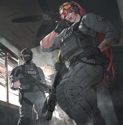 Rule 34 | 1boy, 1girl, adjusting headset, ammunition pouch, arm tattoo, assault rifle, belt, black gloves, buckle, bulletproof vest, ceiling fan, ear protection, eyewear on head, girls&#039; frontline, glasses, gloves, grey eyes, gun, hair ornament, hairclip, hand on own hip, handgun, headset, helmet, highres, holding, holding gun, holding weapon, load bearing vest, long hair, looking at viewer, magazine (weapon), mask, maxturbo69, mouth mask, muscular, muscular female, muscular male, optical sight, orange-tinted eyewear, orange eyes, original, pink hair, pocket, police, pouch, rifle, sig mcx, sig mcx (girls&#039; frontline), sig sauer, sleeves rolled up, smoke, snap-fit buckle, strap, tactical clothes, tattoo, thigh strap, tinted eyewear, trigger discipline, walkie-talkie, weapon