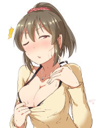 Rule 34 | 1girl, ^^^, artist name, black bra, blouse, blush, bra, breasts, brown hair, cleavage, clothes pull, collarbone, earrings, fanning self, hair between eyes, high ponytail, hori yuko, idolmaster, idolmaster cinderella girls, jewelry, large breasts, long sleeves, looking at viewer, motion lines, necklace, one eye closed, open mouth, pink scrunchie, ponytail, red eyes, scrunchie, shirt, shirt pull, short ponytail, sidelocks, simple background, solo, surprised, susutaketakumi, sweat, underwear, upper body, wavy mouth, white background, yellow shirt