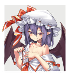 Rule 34 | &gt;:), 1girl, bare shoulders, bat wings, black wings, blush, bow, breasts, closed mouth, collarbone, convenient censoring, dress, eyes visible through hair, fang, fang out, frilled sleeves, frills, grey background, hair between eyes, half-closed eyes, hat, hat bow, highres, large bow, looking at viewer, mob cap, no bra, off shoulder, ootsuki momiji, open clothes, open dress, pointy ears, purple hair, red bow, remilia scarlet, seductive smile, short hair, simple background, small breasts, smile, solo, touhou, tsurime, underwear, underwear only, upper body, v-shaped eyebrows, white dress, white hat, wings
