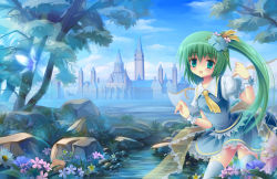 Rule 34 | 1girl, aqua eyes, blue theme, building, castle, daisy, daiyousei, day, fairy, female focus, flower, green hair, hair flower, hair ornament, light rays, nature, panties, river, scenery, side ponytail, sky, solo, stone, striped clothes, striped panties, sunbeam, sunlight, thighhighs, touhou, tree, underwear, wings, wrist cuffs, yousei daisensou, zhandou greymon