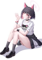 Rule 34 | 1girl, absurdres, animal ears, black choker, black footwear, black hair, black jacket, black wristband, blue archive, blush, breasts, cat ears, choker, clothes around waist, commentary, earclip, earrings, extra ears, full body, grey socks, grin, halo, hand up, highres, jacket, jacket around waist, jewelry, kaijiba, kazusa (band) (blue archive), kazusa (blue archive), knees up, loafers, looking at viewer, medium breasts, official alternate costume, pink hair, pink halo, red eyes, shirt, shoes, short hair, short sleeves, simple background, sitting, smile, socks, solo, stud earrings, sweat, thighs, white background, white shirt