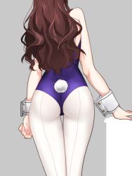 Rule 34 | 10s, 1girl, alternate costume, ashigara (kancolle), ass, back-seamed legwear, bad id, bad pixiv id, bare shoulders, brown hair, from behind, kantai collection, leotard, long hair, meron, pantyhose, playboy bunny, rabbit tail, seamed legwear, simple background, solo, tail, wavy hair, white pantyhose, wrist cuffs