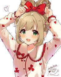 Rule 34 | 1girl, adjusting clothes, adjusting headwear, blush, bow, brown hair, buttons, collar, collarbone, dot nose, eyelashes, folded twintails, frilled collar, frilled sleeves, frills, green eyes, hair bow, hair intakes, heart, heart print, highres, idolmaster, idolmaster cinderella girls, idolmaster cinderella girls starlight stage, long hair, long sleeves, looking at viewer, mmmakaron888, official alternate costume, open mouth, puffy long sleeves, puffy sleeves, red bow, red frills, sato shin, sidelocks, signature, smile, solo, swept bangs, tareme, underwear, white background