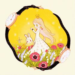 Rule 34 | 1girl, anemone (flower), blonde hair, dress, earrings, flower, flower request, highres, instrument, jewelry, lily of the valley, long hair, long sleeves, nordgreen, original, plant, pop kome, rabbit, red flower, sky, trumpet, watch, white dress, windmill, wristwatch, yellow eyes, yellow sky