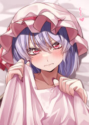 Rule 34 | 1girl, absurdres, bed sheet, close-up, embarrassed, heart, highres, holding, holding sheet, looking at viewer, mahoro (minase mahoro), pink headwear, pink nails, purple hair, red eyes, remilia scarlet, short hair, solo, touhou, under covers