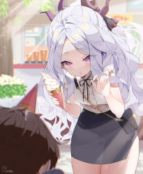Rule 34 | 1boy, 1girl, :o, bag, black skirt, blue archive, blush, brown hair, commentary request, day, eyes visible through hair, fingernails, food, food on head, hand up, highres, hina (blue archive), holding, holding food, horns, ice cream, ice cream cone, koyubita, leaning forward, long hair, looking at another, miniskirt, object on head, out of frame, outdoors, parted bangs, pencil skirt, pink eyes, sensei (blue archive), shirt, shoulder bag, signature, silver hair, skirt, sleeveless, sleeveless shirt, standing, white shirt