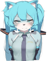 Rule 34 | 1girl, abmayo, animal ears, blush, body fur, breasts, closed mouth, collarbone, collared shirt, cropped torso, detached sleeves, furrification, furry, furry female, green eyes, green hair, green necktie, grey fur, grey shirt, hair ornament, hatsune miku, highres, long hair, looking at viewer, medium breasts, necktie, shirt, simple background, snout, solo, twintails, upper body, vocaloid, white background, white fur
