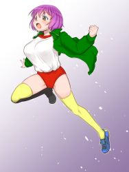 Rule 34 | 1girl, breasts, brown eyes, buruma, character request, clenched hand, commentary request, copyright request, full body, gradient background, green jacket, grey background, gym shirt, gym uniform, highres, jacket, jumping, long sleeves, medium breasts, open clothes, open jacket, open mouth, purple hair, red buruma, shirt, short hair, solo, teruki kuma, thighs, white shirt, yellow theme