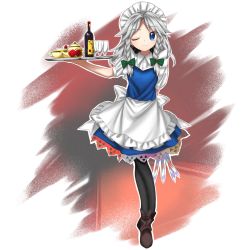 Rule 34 | 1girl, apron, back bow, blue dress, blue eyes, boots, bottle, bow, braid, breasts, brown footwear, cake, closed mouth, commentary request, cup, dress, drinking glass, food, frilled apron, frilled dress, frills, fruit, full body, grey hair, harukawa moe (style), highres, holding, holding knife, holding tray, izayoi sakuya, keiki8296, knife, looking at viewer, maid, maid apron, maid headdress, one eye closed, rainbow gradient, shirt, small breasts, smile, standing, strawberry, teacup, teapot, touhou, tray, twin braids, waist apron, waist bow, white apron, white bow, white shirt, wine bottle, wine glass