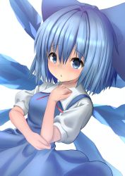 Rule 34 | 1girl, :o, blue dress, blue eyes, blue hair, blush, bow, breasts, cirno, dress, hair bow, highres, ice, ice wings, looking ahead, naganegi (yvee2588), puffy short sleeves, puffy sleeves, ribbon, short hair, short sleeves, simple background, small breasts, solo, touhou, white background, wings