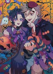 Rule 34 | 1boy, 1girl, :d, bat (animal), black cape, bow, bowtie, candy, cape, carrying, demon, demon boy, demon tail, douma (kimetsu no yaiba), dress, fingernails, food, frilled dress, frills, full body, ghost, hair bow, halloween, halloween costume, hetero, highres, holding, holding food, holding pumpkin, holding vegetable, kimetsu no yaiba, kochou shinobu, long fingernails, looking at another, maid headdress, multicolored eyes, open mouth, orange background, pantyhose, plant, pumpkin, purple bow, red shirt, sharp fingernails, shirt, signature, silk, skin tight, smile, spider web, star (symbol), striped clothes, striped pantyhose, tail, text in eyes, tiles, vegetable, vines, yamada 73