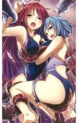 Rule 34 | 2girls, :o, ahoge, arm up, armpits, artist name, ass, ass grab, back, barefoot, between breasts, black eyes, blue eyes, blue hair, blue one-piece swimsuit, blush, grabbing another&#039;s breast, breasts, buriki, ceiling, competition swimsuit, grabbing, gradient hair, hair between eyes, highleg, highleg swimsuit, highres, holding, hug, imminent rape, konou nayu, leg lift, long hair, looking at viewer, medium breasts, moaning, multicolored hair, multiple girls, official art, ofuda, one-piece swimsuit, open mouth, purple hair, red hair, restrained, saliva, scan, shihane kisaya, slime (substance), spread legs, standing, straddling, swimsuit, taima kyoushi kisaya hajigyaku no gakuen, tentacles, tentacles under clothes, tiles, tongue, very long hair, wet, wet clothes