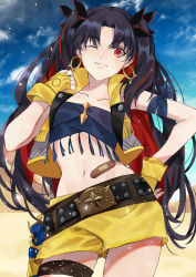 Rule 34 | 1girl, bandaid, bandaid on stomach, bandeau, bare shoulders, belt, black belt, black hair, black ribbon, blue sky, blush, breasts, closed mouth, collarbone, cropped vest, earrings, fate/grand order, fate (series), fingerless gloves, fringe trim, gloves, gun, hair ribbon, highres, holster, hoop earrings, ishtar (fate), jewelry, karen ngao, long hair, looking at viewer, multicolored hair, navel, one eye closed, parted bangs, red eyes, red hair, ribbon, shorts, sky, small breasts, smile, solo, space ishtar (fate), space ishtar (second ascension) (fate), thighs, two-tone hair, two side up, vest, weapon, yellow gloves, yellow shorts, yellow vest