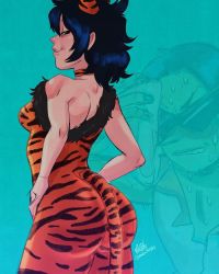Rule 34 | 1boy, 1girl, ace (ppg), aged up, animal ears, ass, bare shoulders, black hair, bodystocking, breasts, choker, commentary, english commentary, fake animal ears, fake tail, from behind, gorillaz, highres, inset, kamina shades, lips, magnta, medium breasts, meme, noodle (gorillaz), powerpuff girls, short hair, single strap, sleeveless, smirk, solo focus, standing, sunglasses, sweat, nervous sweating, tail, thick thighs, thighs, tiger ears, tiger tail, triangular eyewear