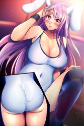 Rule 34 | 1girl, animal ears, ass, black footwear, blush, boots, breasts, cleavage, closed mouth, collarbone, covered navel, kneeling, large breasts, leotard, light purple hair, lights, lips, long hair, looking at viewer, niwatori (eck16614), purple hair, rabbit ears, rabbit girl, red eyes, reisen udongein inaba, rope, solo, stage lights, touhou, very long hair, white leotard, wrestling outfit, wrestling ring, wristband