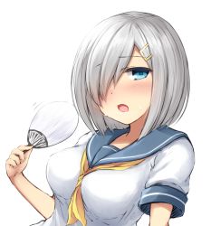 Rule 34 | 10s, 1girl, blue eyes, blush, breasts, don (29219), hair ornament, hair over one eye, hairclip, hamakaze (kancolle), hand fan, kantai collection, large breasts, looking at viewer, neckerchief, no gloves, open mouth, paper fan, school uniform, serafuku, short hair, short sleeves, silver hair, simple background, solo, sweat, uchiwa, upper body, white background, yellow neckerchief