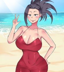 Rule 34 | 1girl, beach, black eyes, black hair, blush, bob (bobtheneet), boku no hero academia, breasts, cleavage, collarbone, covered navel, dress, hand on own hip, highres, huge breasts, large breasts, long hair, looking at viewer, outdoors, ponytail, red dress, sky, smile, solo, tongue, tongue out, v, water, wide hips, yaoyorozu momo