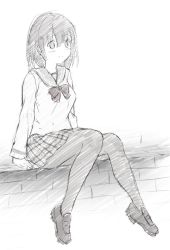 Rule 34 | 1girl, 7 calpis 7, blush, brick wall, closed mouth, commentary request, greyscale, hair between eyes, hair ornament, hairclip, highres, loafers, long sleeves, monochrome, original, pantyhose, plaid, plaid skirt, pleated skirt, sailor collar, school uniform, serafuku, shirt, shoes, sitting, skirt, smile, solo, thighhighs, white background
