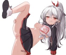 Rule 34 | 1girl, :q, azur lane, bare legs, black hair, black skirt, blush, breasts, character name, cleft of venus, clothes lift, commentary request, crop top, curly hair, gradient hair, hair between eyes, hair ribbon, leaning back, leg up, long hair, medium breasts, midriff, miniskirt, multicolored hair, naughty face, nipples, no bra, no panties, one breast out, pleated skirt, ponytail, presenting, pussy, red eyes, red ribbon, ribbon, shirt lift, skirt, slit pupils, smile, solo, standing, standing on one leg, teasing, thighs, tongue, tongue out, u-410 (azur lane), u-410 (practice makes perfect) (azur lane), upskirt, very long hair, white hair, xiuluoniqia