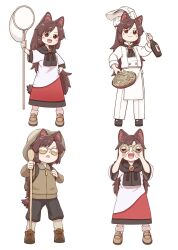 Rule 34 | 1girl, alternate costume, animal ears, binoculars, bottle, brown eyes, brown footwear, brown hair, butterfly net, chef hat, commentary request, cook, dress, food, full body, hand net, hat, imaizumi kagerou, long hair, multiple views, pasta, poronegi, red dress, simple background, socks, tail, touhou, two-tone dress, white background, white dress, white socks, wolf ears, wolf girl, wolf tail