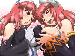 Rule 34 | 2girls, blunt bangs, blush, breast press, breasts, breasts squeezed together, cross, demon girl, detached sleeves, dual persona, gloves, gradient background, horns, huge breasts, la pucelle, maou prier, multiple girls, nipples, nippon ichi, pink background, pink hair, prier, red eyes, symmetrical docking, taro, white background, yuri