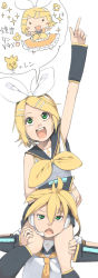 Rule 34 | 1boy, 1girl, akinbo (hyouka fuyou), arm up, arm warmers, bad id, bad pixiv id, blonde hair, brother and sister, carrying, green eyes, hair ornament, hair ribbon, hairclip, headset, highres, kagamine len, kagamine rin, leg warmers, necktie, piggyback, ribbon, sailor collar, short hair, shorts, shoulder carry, siblings, simple background, smile, treble clef, twins, vocaloid