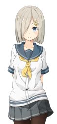 Rule 34 | 10s, 1girl, blue eyes, cowboy shot, hair ornament, hair over one eye, hairclip, hamakaze (kancolle), highres, hoojiro (found1093), kantai collection, neckerchief, pantyhose, resolution mismatch, school uniform, short hair, silver hair, simple background, skirt, smile, solo, source larger, white background