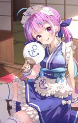 Rule 34 | 1girl, :d, adapted costume, ahoge, anchor symbol, apron, aqua hair, aqua nails, blue kimono, blush, braid, breasts, colored inner hair, commentary, darjeeling (reley), day, drill hair, english commentary, eyelashes, food, french braid, fruit, hair ribbon, hand fan, head tilt, highres, holding, holding fan, hololive, japanese clothes, kimono, kimono dress, long hair, looking at viewer, medium breasts, minato aqua, minato aqua (new year), mixed-language commentary, multicolored hair, nail polish, obi, open door, open mouth, outdoors, paper fan, porch, purple eyes, purple hair, ribbon, sash, sitting, sleeveless, sleeveless kimono, sliding doors, smile, solo, streaked hair, sunlight, tatami, thighhighs, thighs, twin drills, twintails, two-tone hair, uchiwa, virtual youtuber, watermelon, white thighhighs, wrist cuffs, zettai ryouiki