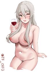 Rule 34 | 1girl, alcohol, areola slip, blush, breasts, brown eyes, commentary request, covered erect nipples, covered pussy, drunk, grey hair, highres, kantai collection, large breasts, long hair, looking at viewer, navel, nude, one eye closed, open mouth, pola (kancolle), pubic hair, sitting, smile, solo, tf cafe, twitter username, wavy hair, white background, wine