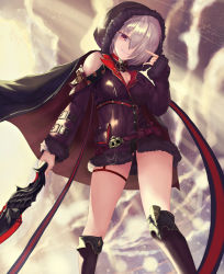 Rule 34 | 1girl, absurdres, belt, boots, breasts, cape, cleavage, commentary request, from below, fur trim, grin, hair over one eye, hand up, highres, holding, holding sword, holding weapon, hood, hood up, looking at viewer, nail polish, nekobell, red eyes, shadowverse, short hair, silver hair, sleeves past wrists, smile, solo, standing, sweat, sword, thigh boots, thigh strap, thighhighs, thighs, weapon