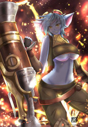 Rule 34 | 1girl, blue hair, blue skin, breasts, colored skin, explosive, fingerless gloves, gloves, goggles, goggles on head, grenade, highres, large breasts, league of legends, midriff, navel, short hair, smile, torahime (roland00), tristana, underboob, weapon, yellow eyes, yordle