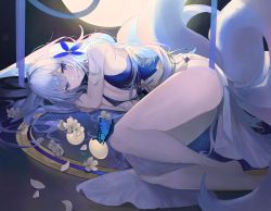 Rule 34 | 1girl, absurdres, animal ear fluff, animal ears, azur lane, bare legs, blue eyes, breast press, breasts, bug, butterfly, cherrymaru, cleavage, dress, feet, fetal position, flower, fox ears, fox girl, fox tail, highres, insect, kitsune, kyuubi, large breasts, looking at viewer, lying, multiple tails, official alternate costume, on side, shinano (azur lane), shinano (dreams of the hazy moon) (azur lane), solo, tail, thighs, white hair