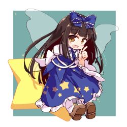 Rule 34 | 1girl, :d, black hair, blue bow, blue dress, blue ribbon, border, bow, brown footwear, brown hair, dress, fairy wings, frilled bow, frills, full body, green background, hair bow, hime cut, isu (is88), juliet sleeves, long hair, long sleeves, looking at viewer, neck ribbon, open mouth, pointing, puffy sleeves, ribbon, smile, solo, star (symbol), star print, star sapphire, touhou, white border, white legwear, wings